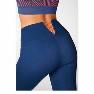 Fabletics High Waisted Seamless Rib Tie Cinch Drawcord Back Blue Orange Leggings